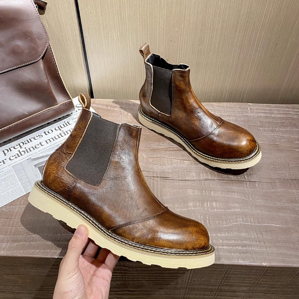 Leather Work Western - Retro masculino couro genuíno chelsea botas