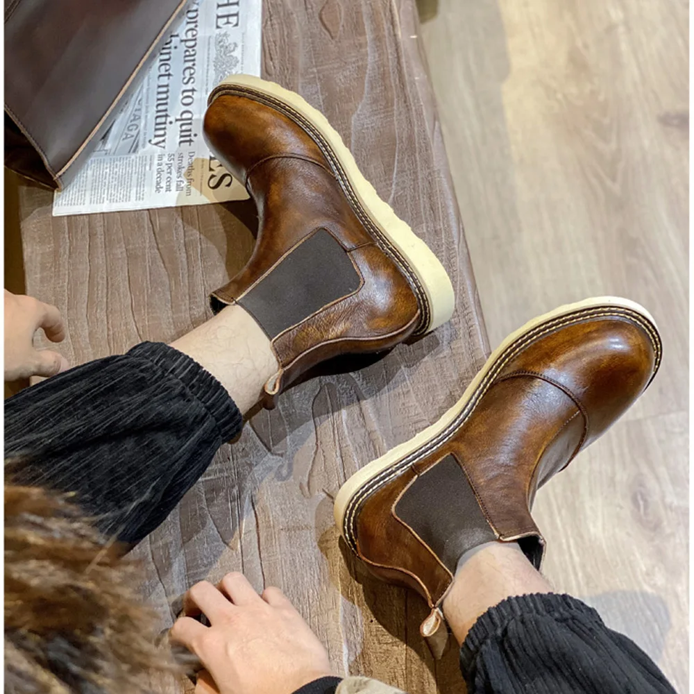 Leather Work Western - Retro masculino couro genuíno chelsea botas