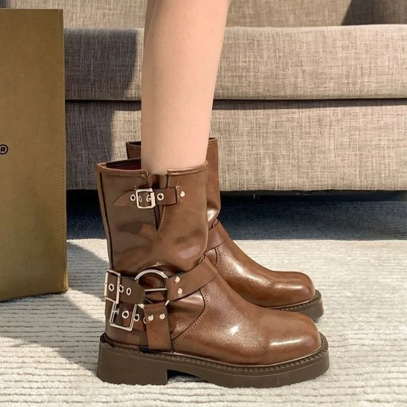 Leather Work Western - Botas de tornozelo femininas outono trabalho